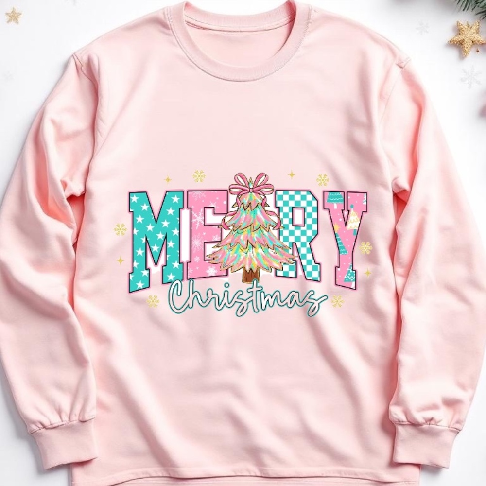 Merry Christmas T-shirt Whimsical White with Pink, Green S M L XL XXL Custom